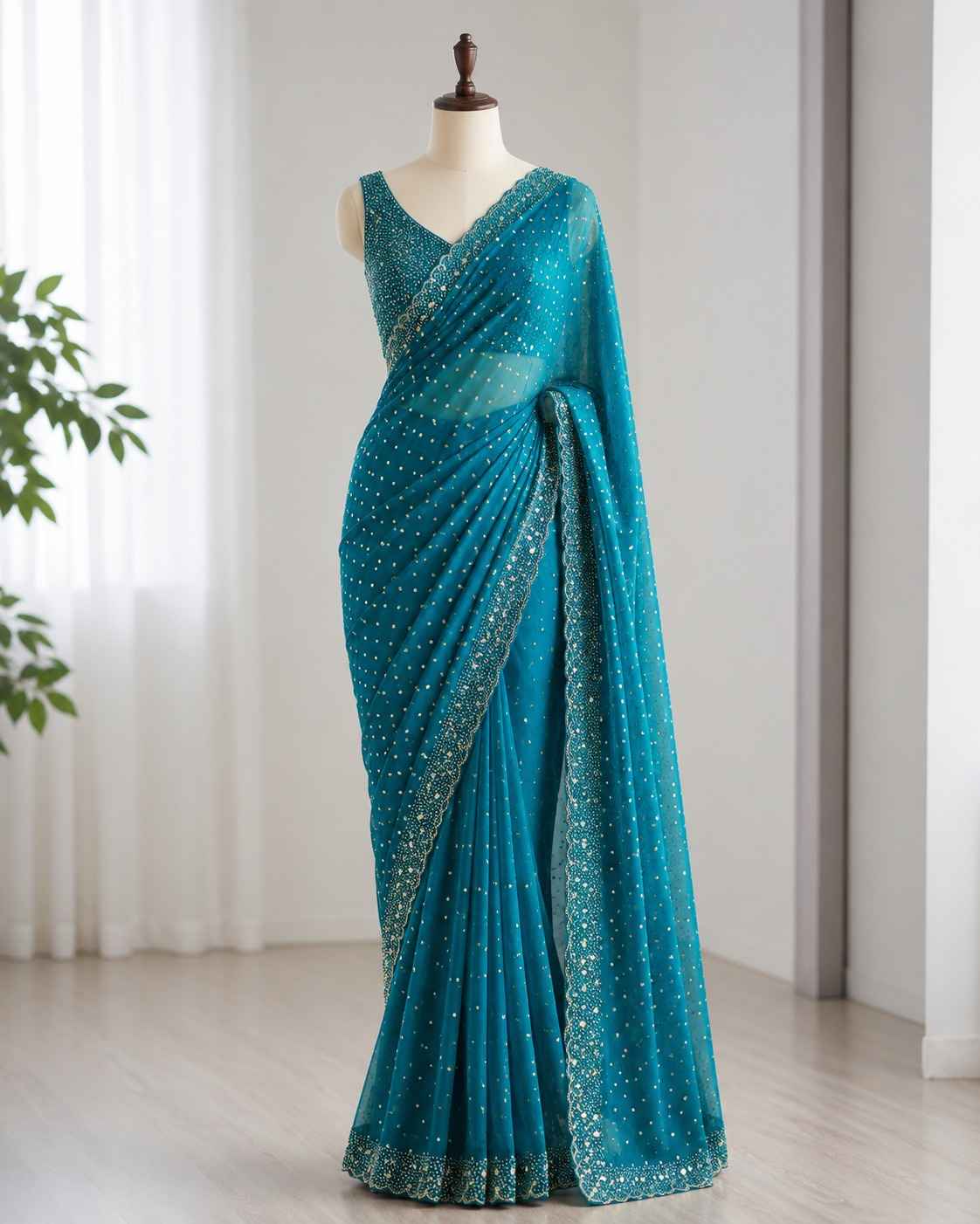 SPACE SILK BUTTI JARKHAN WITH STONE WORK SAREE