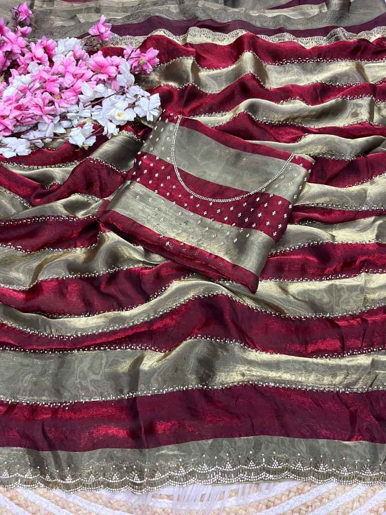 SPACE SOFT SILK BLOOMING JARKHAN SIROSKI WORK SAREE
