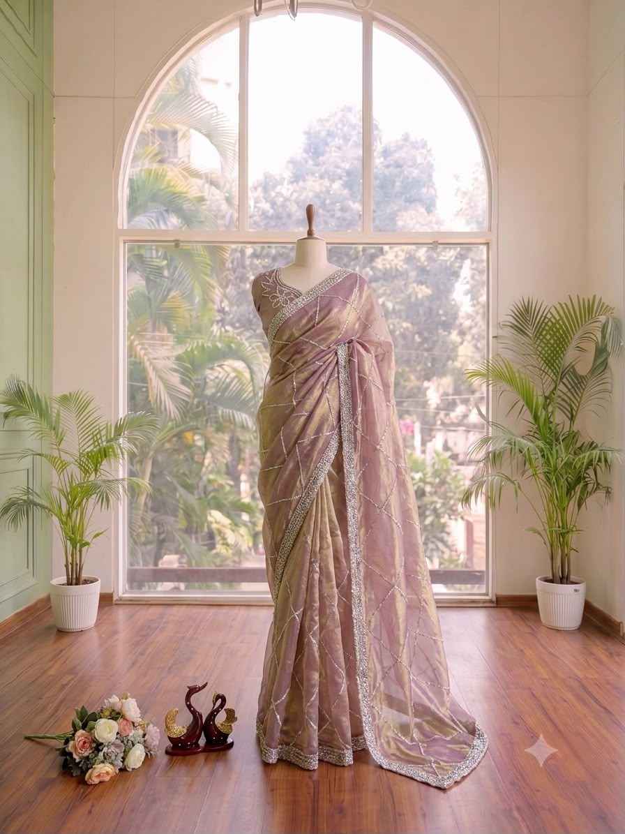 PURE SPACE SILK JARKHAN DIAMOND WORK SAREE