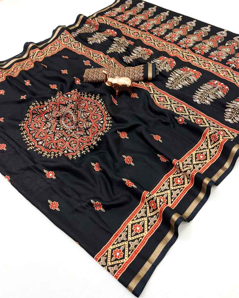 TUSSAR SILK MANDALA WITH FLORAL AJARKH DESIGN SAREE