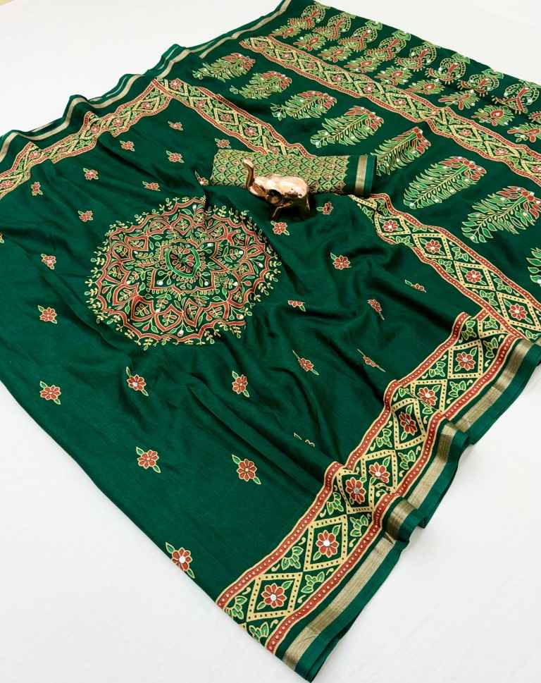 TUSSAR SILK MANDALA WITH FLORAL AJARKH DESIGN SAREE