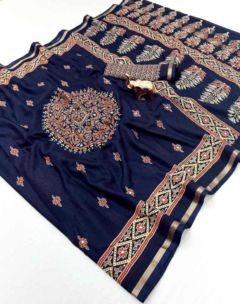 TUSSAR SILK MANDALA WITH FLORAL AJARKH DESIGN SAREE