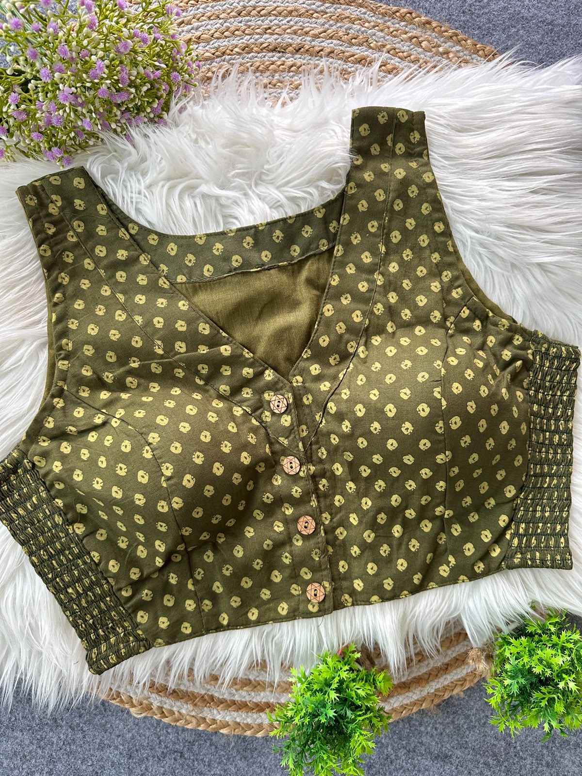 AJRAKH COTTON BANDHANI PRINT BLOUSE 