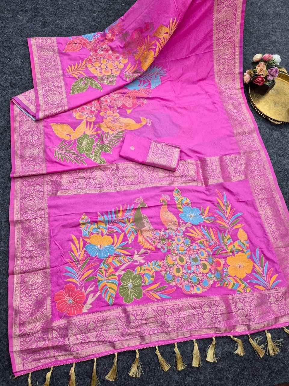 PURE BANARASI KHADI CREPE SILK MEENAKARI ZARI WEAVING SAREE