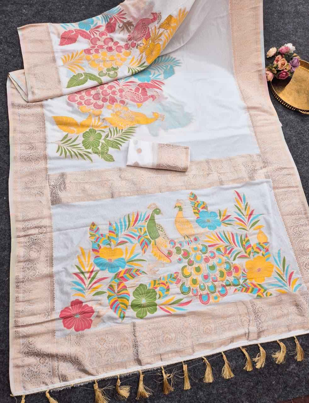 PURE BANARASI KHADI CREPE SILK MEENAKARI ZARI WEAVING SAREE