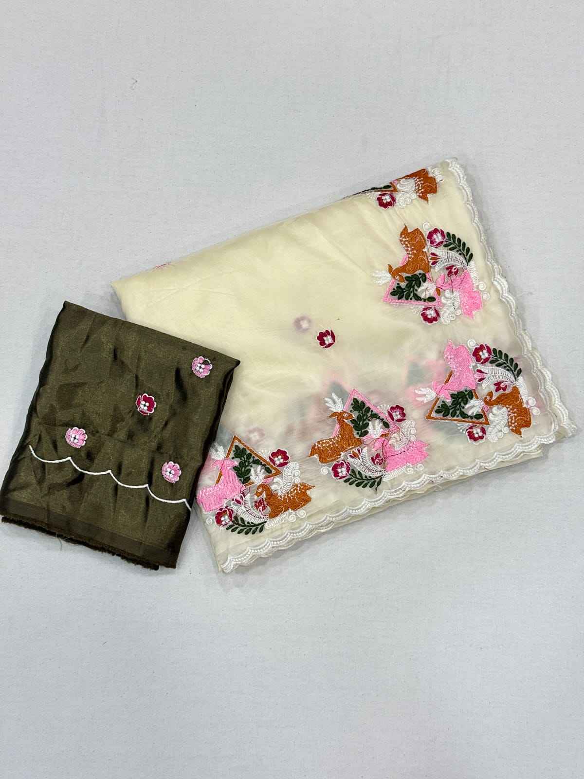 CRYSTAL TISSUE WITH VISCOSE THERD EMBROIDERY WORK SAREE