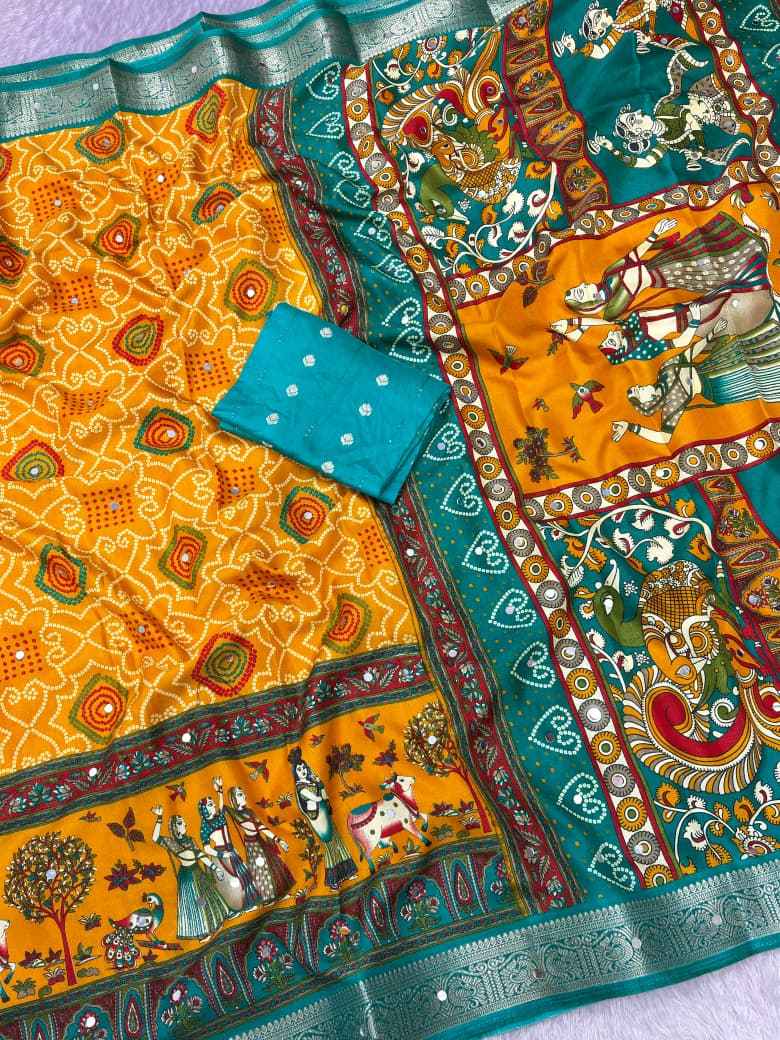 DOLA SILK PRINTED ORIGINAL MIRROR WORK SAREE 