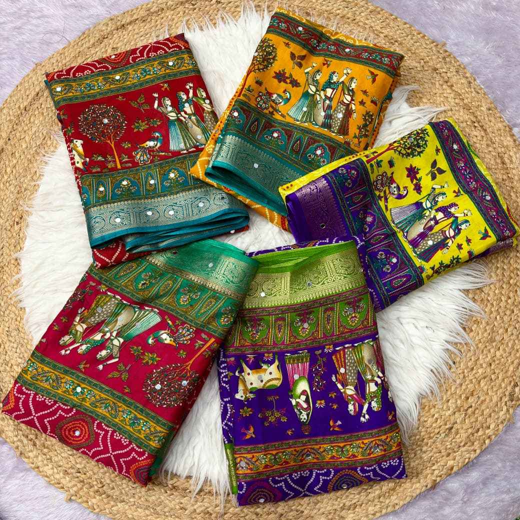 DOLA SILK PRINTED ORIGINAL MIRROR WORK SAREE 