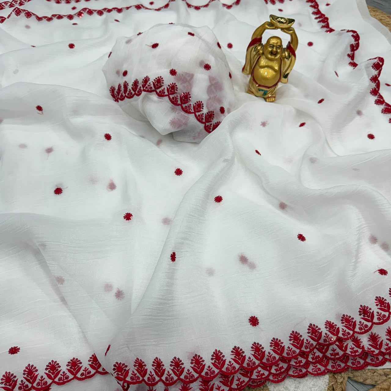 DURGA POOJA SPECIAL CRUNCHY SILK EMBROIDERY WORK SAREE