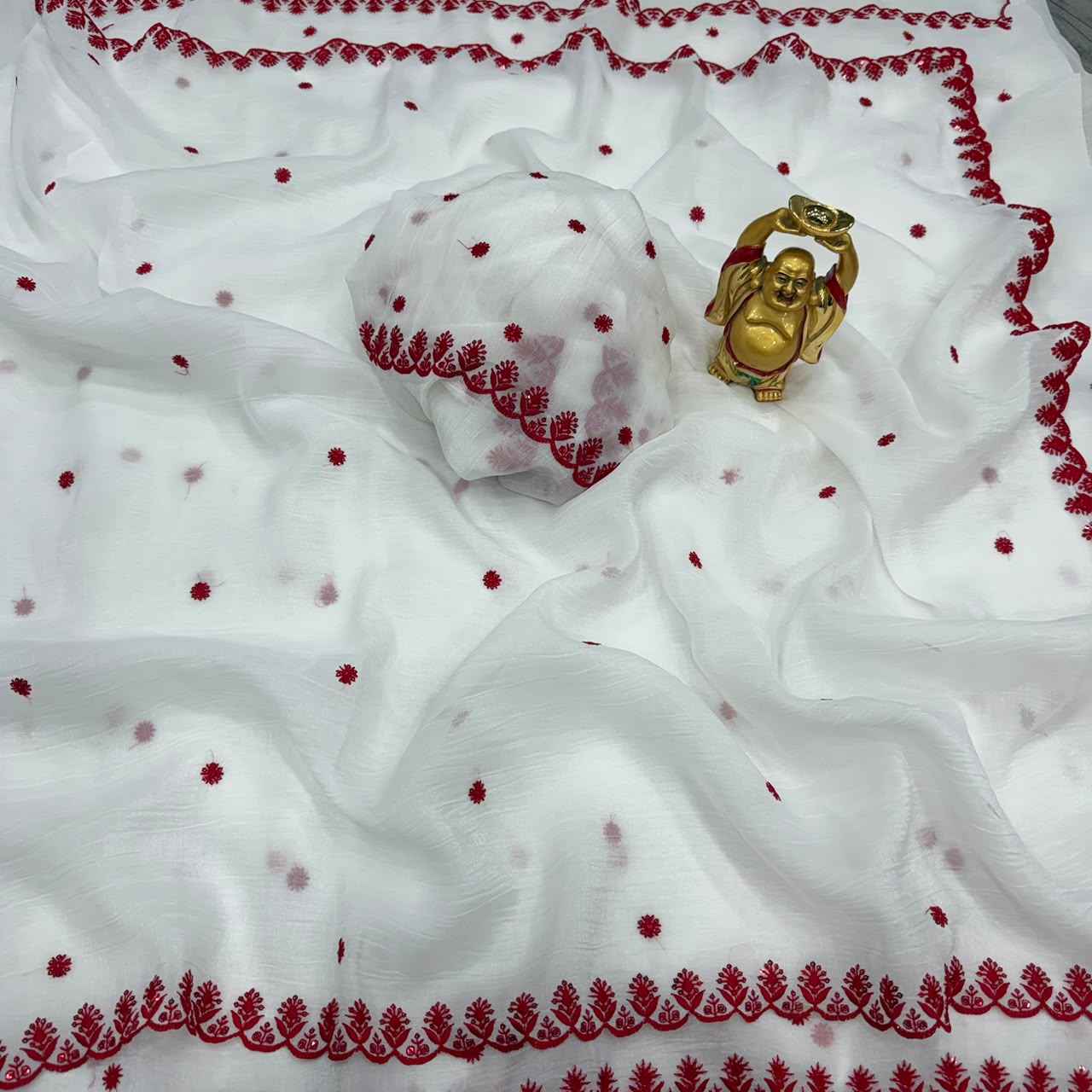 DURGA POOJA SPECIAL CRUNCHY SILK EMBROIDERY WORK SAREE