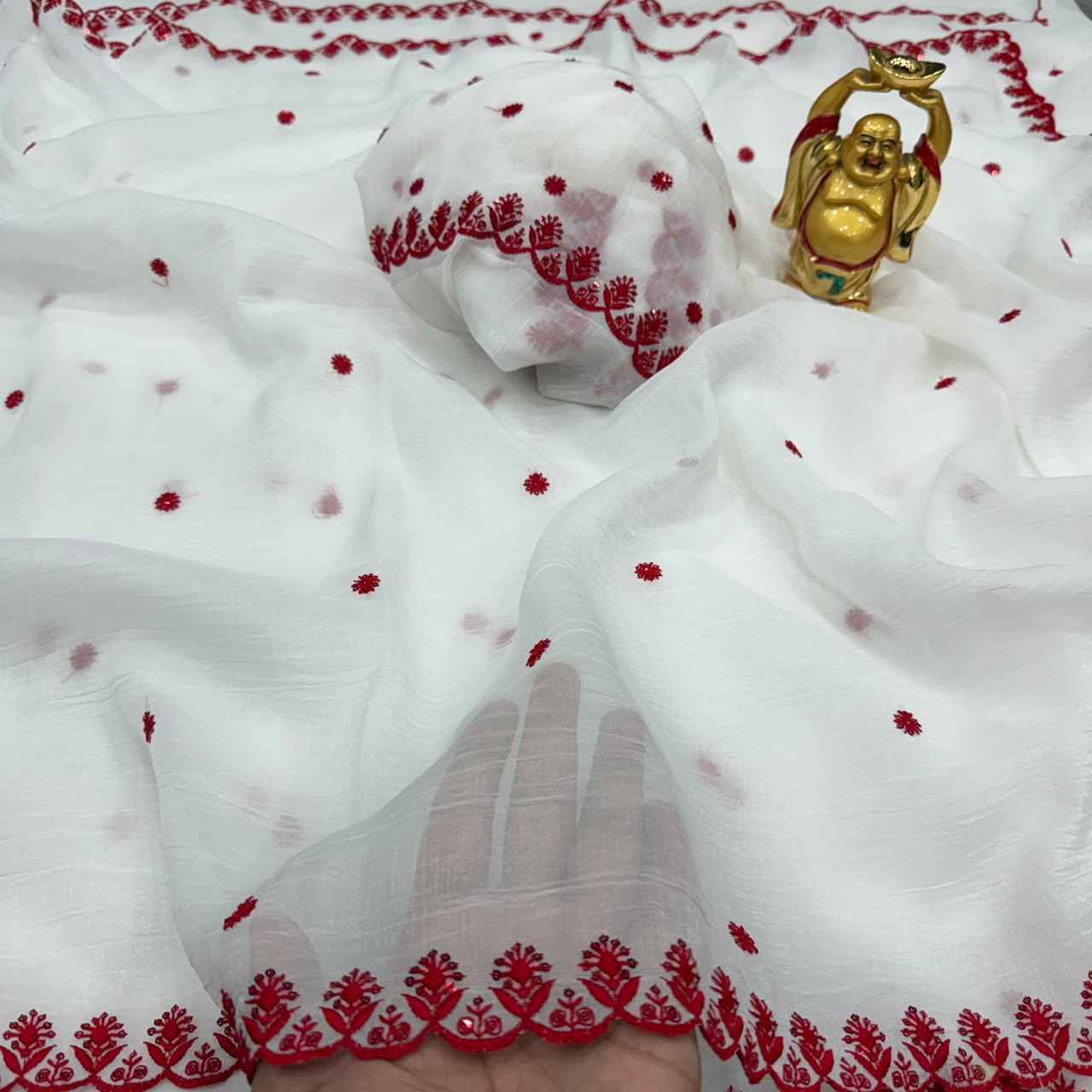 DURGA POOJA SPECIAL CRUNCHY SILK EMBROIDERY WORK SAREE