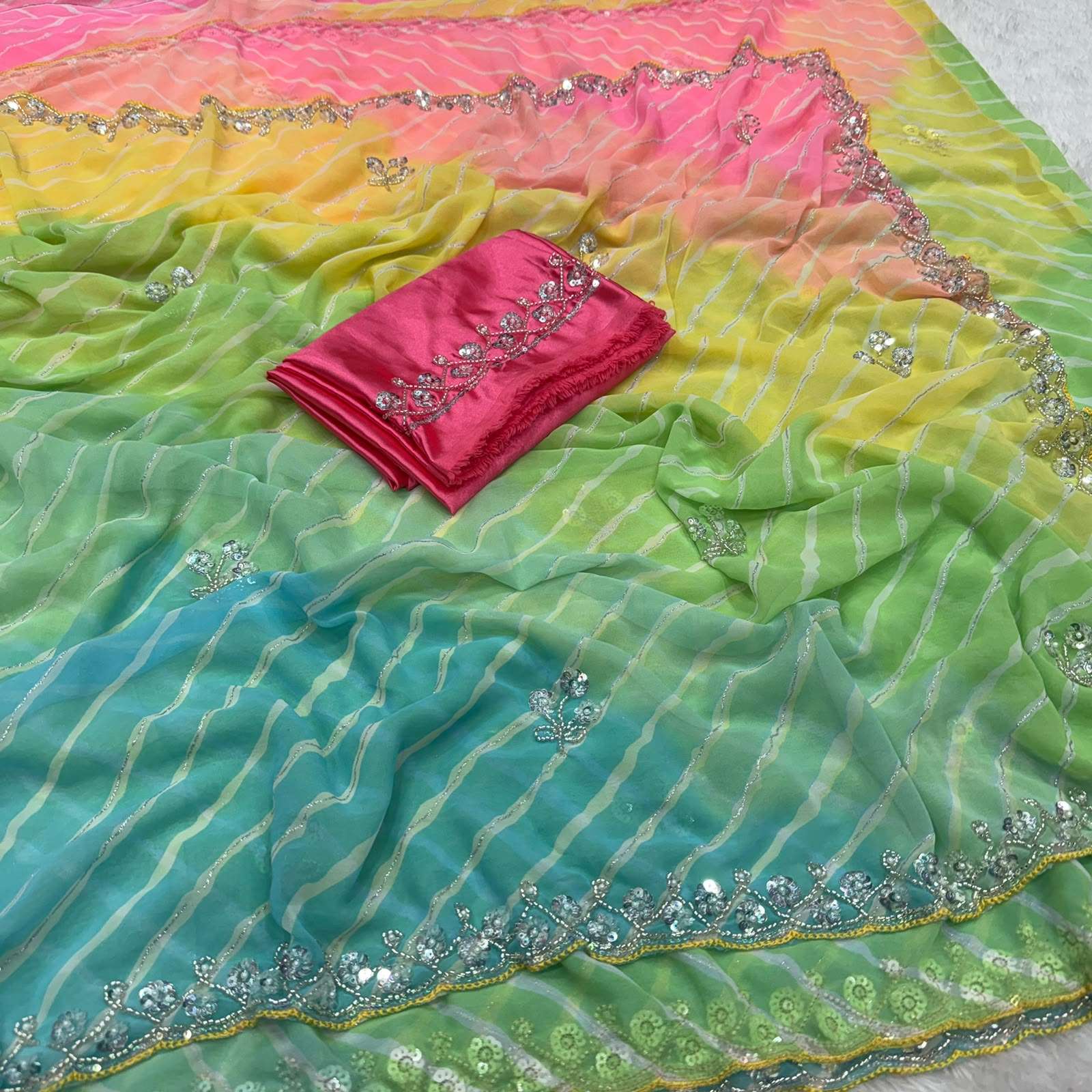 GEORGETTE BANDHANI PRINT BEEDS PEARL WORK SAREE 