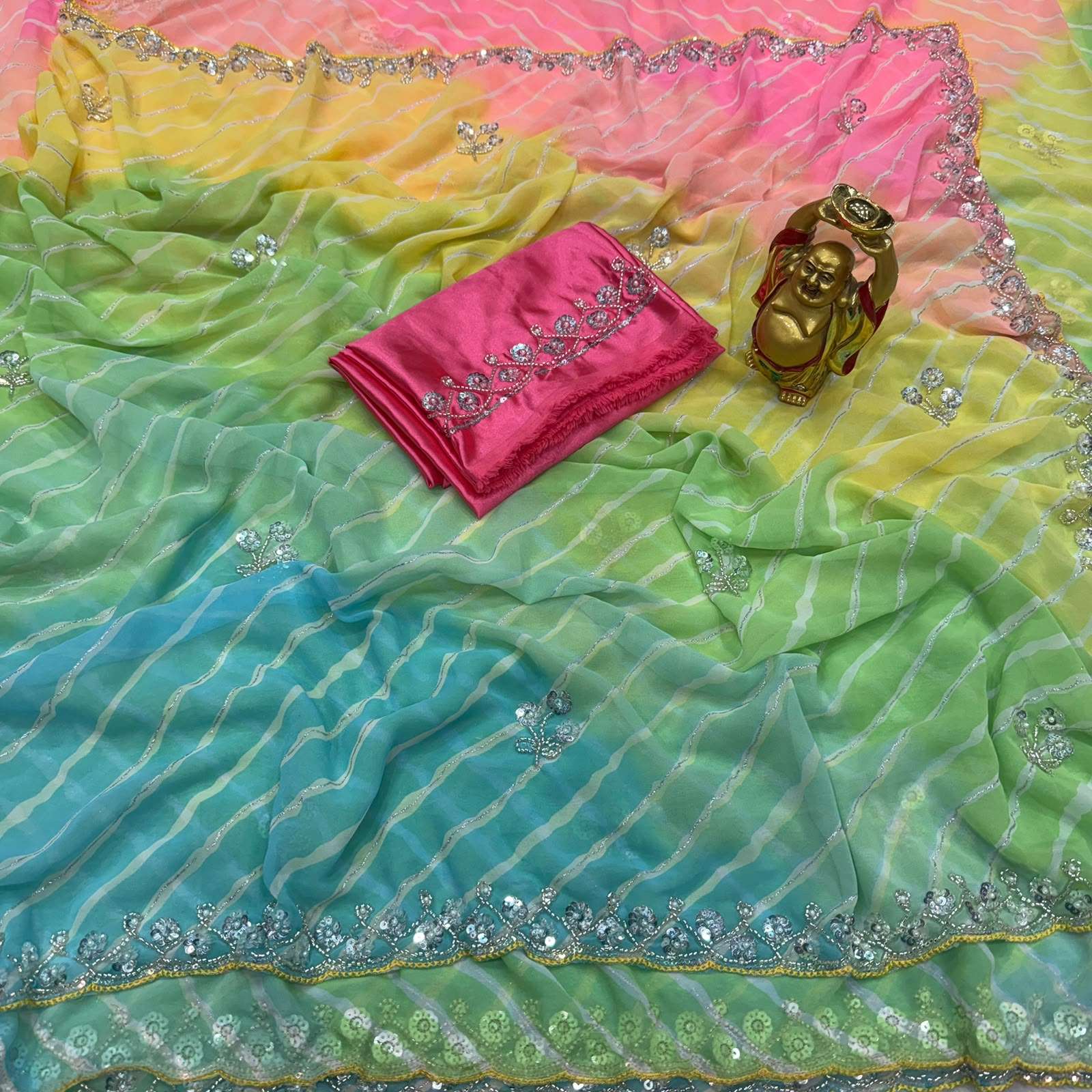 GEORGETTE BANDHANI PRINT BEEDS PEARL WORK SAREE 
