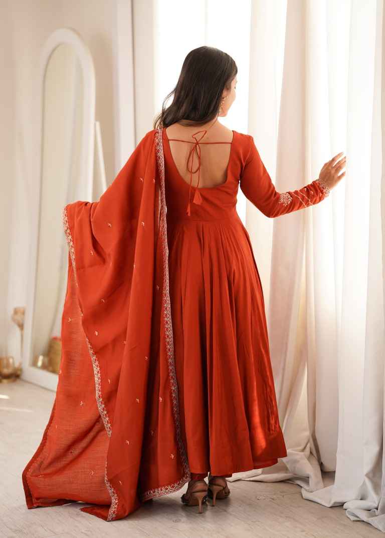 HEAVY PURE ROMAN CHANDERI SILK ANARKALI SUIT