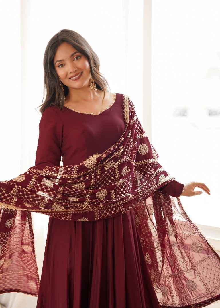 HEAVY PURE ROMAN CHANDERI SILK ANARKALI SUIT 1