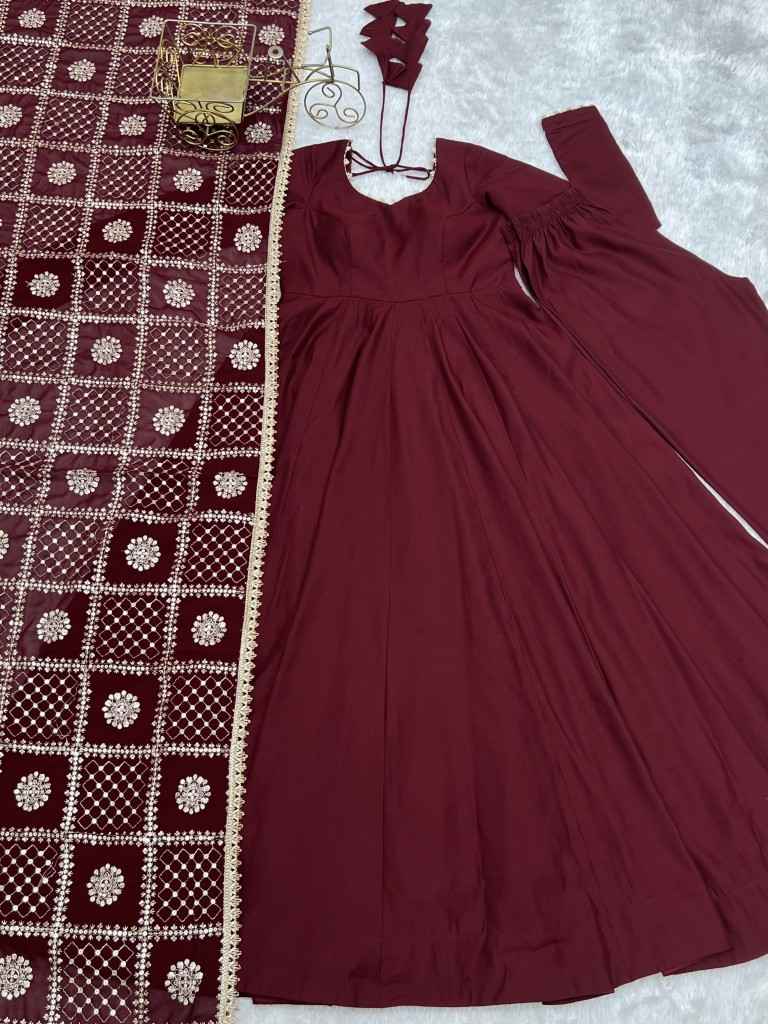 HEAVY PURE ROMAN CHANDERI SILK ANARKALI SUIT 1