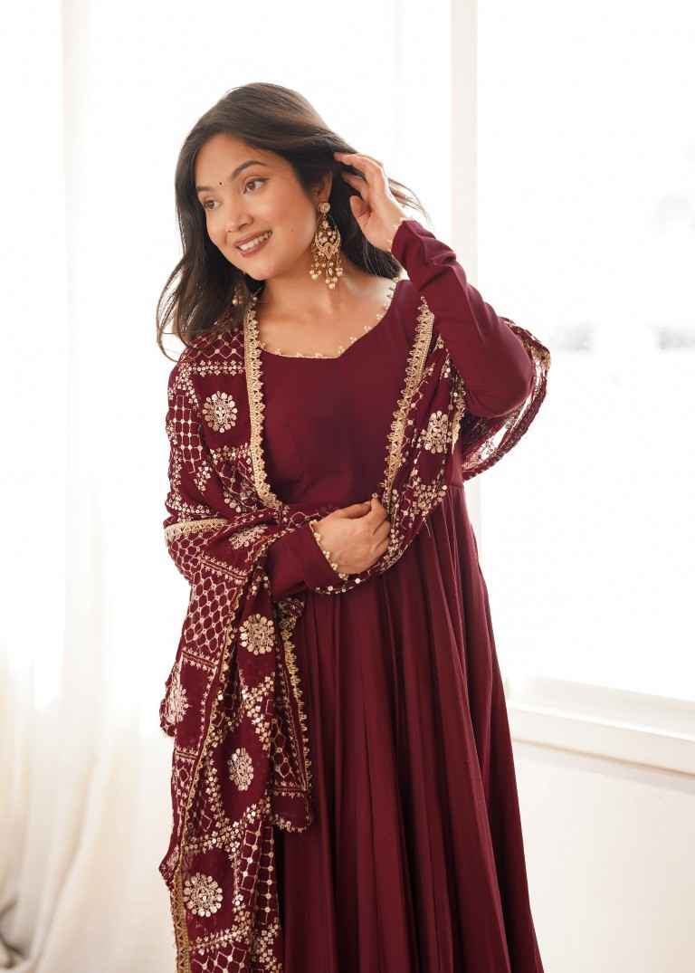 HEAVY PURE ROMAN CHANDERI SILK ANARKALI SUIT 1