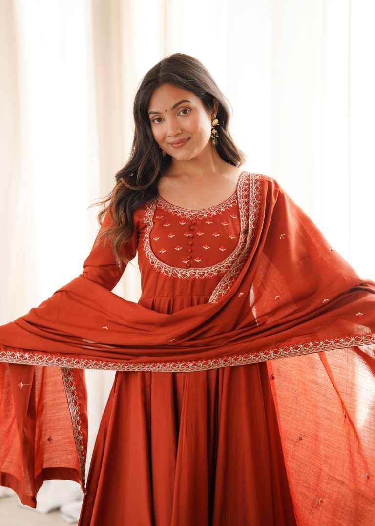 HEAVY PURE ROMAN CHANDERI SILK ANARKALI SUIT