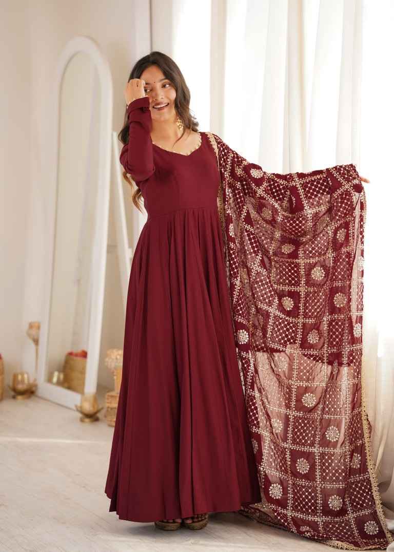 HEAVY PURE ROMAN CHANDERI SILK ANARKALI SUIT 1