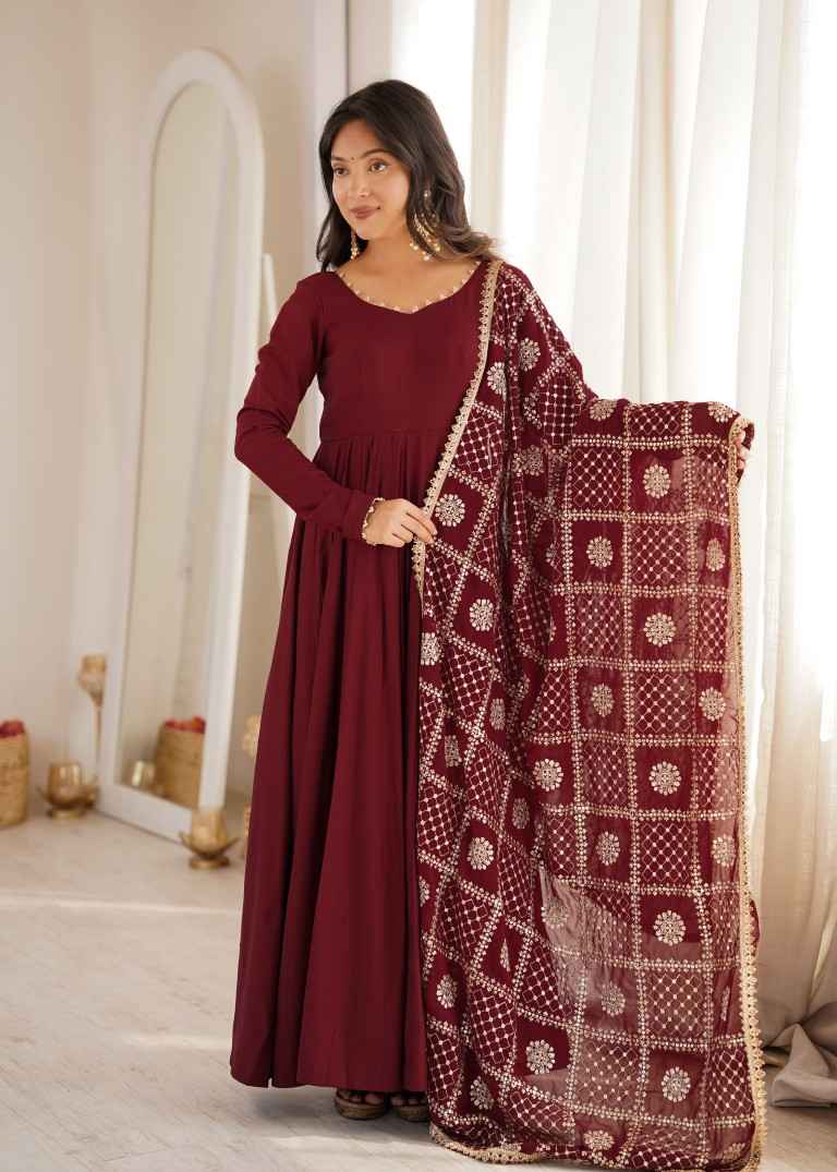 HEAVY PURE ROMAN CHANDERI SILK ANARKALI SUIT 1