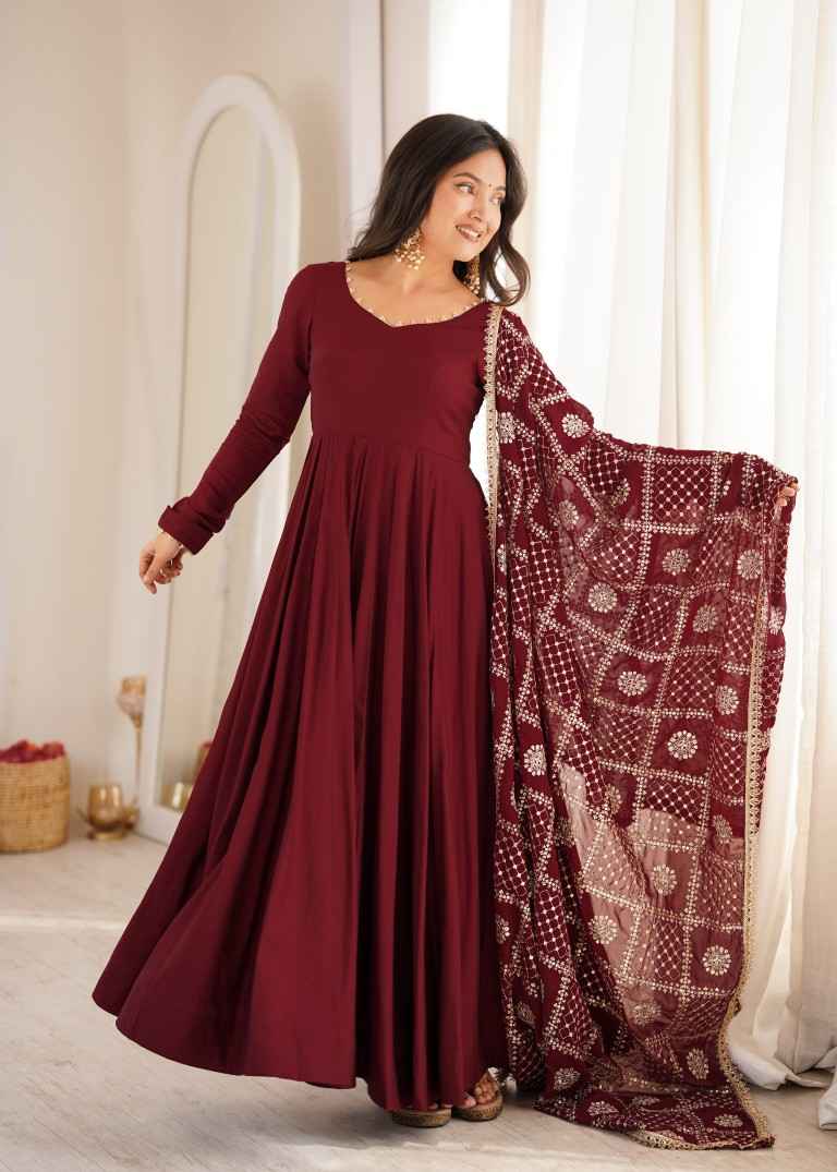 HEAVY PURE ROMAN CHANDERI SILK ANARKALI SUIT 1