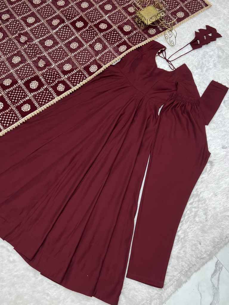 HEAVY PURE ROMAN CHANDERI SILK ANARKALI SUIT 1