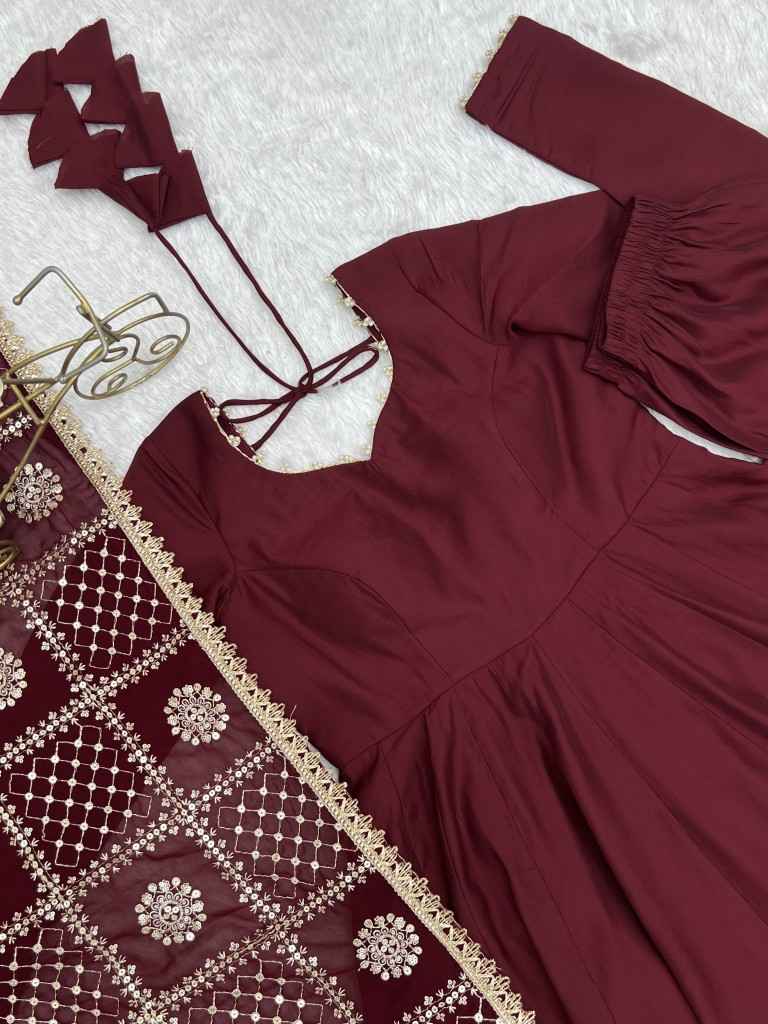 HEAVY PURE ROMAN CHANDERI SILK ANARKALI SUIT 1