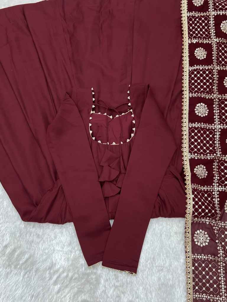 HEAVY PURE ROMAN CHANDERI SILK ANARKALI SUIT 1
