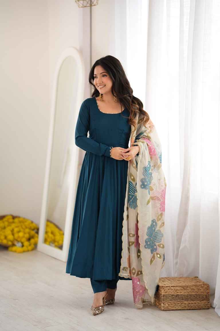 HEAVY PURE ROMAN CHANDERI SILK ANARKALI SUIT 2