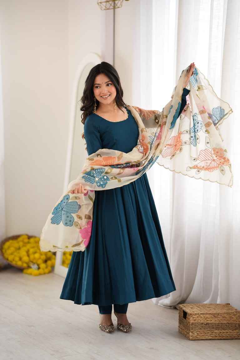 HEAVY PURE ROMAN CHANDERI SILK ANARKALI SUIT 2