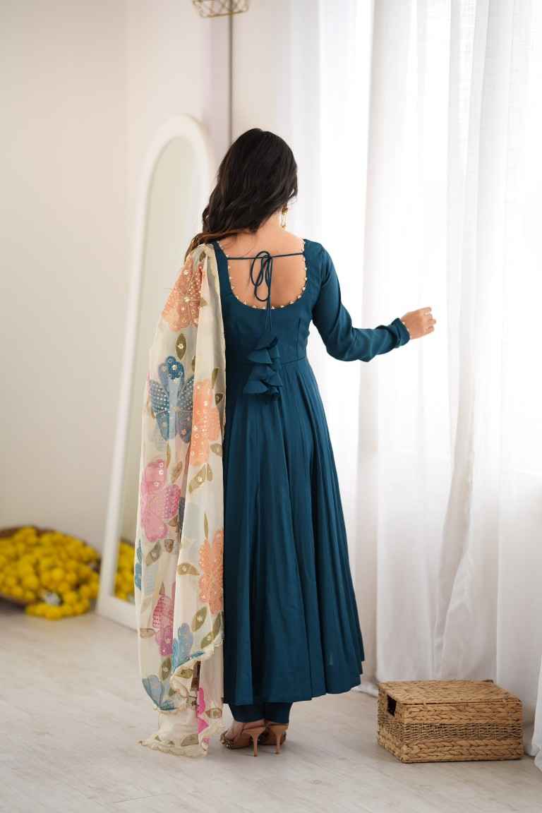 HEAVY PURE ROMAN CHANDERI SILK ANARKALI SUIT 2