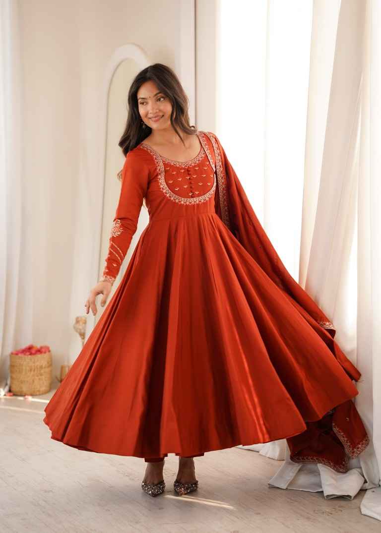 HEAVY PURE ROMAN CHANDERI SILK ANARKALI SUIT