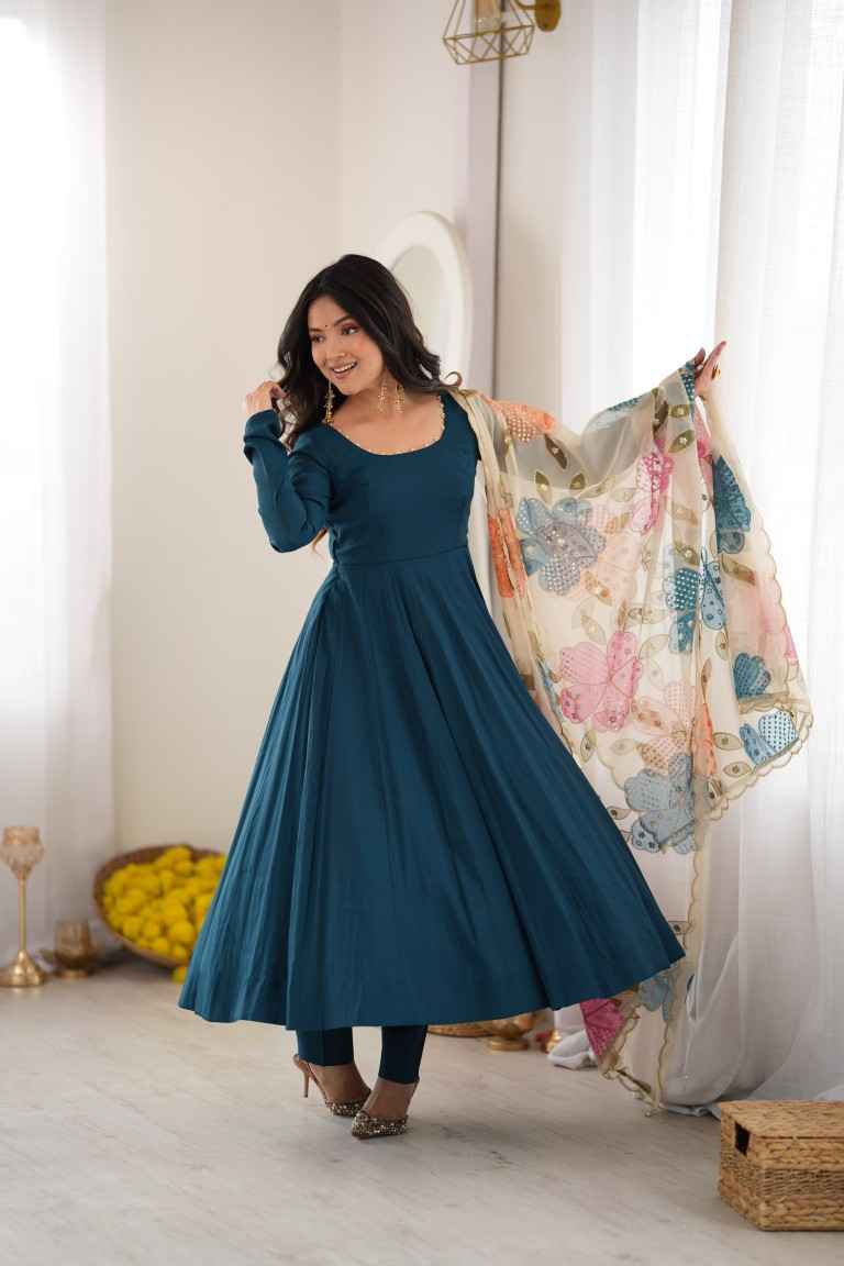 HEAVY PURE ROMAN CHANDERI SILK ANARKALI SUIT 2