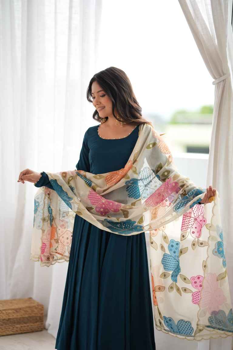 HEAVY PURE ROMAN CHANDERI SILK ANARKALI SUIT 2