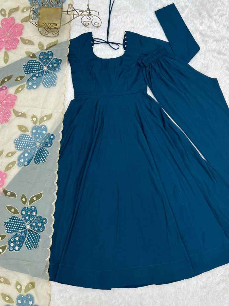 HEAVY PURE ROMAN CHANDERI SILK ANARKALI SUIT 2