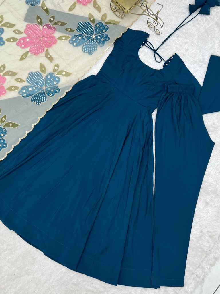 HEAVY PURE ROMAN CHANDERI SILK ANARKALI SUIT 2