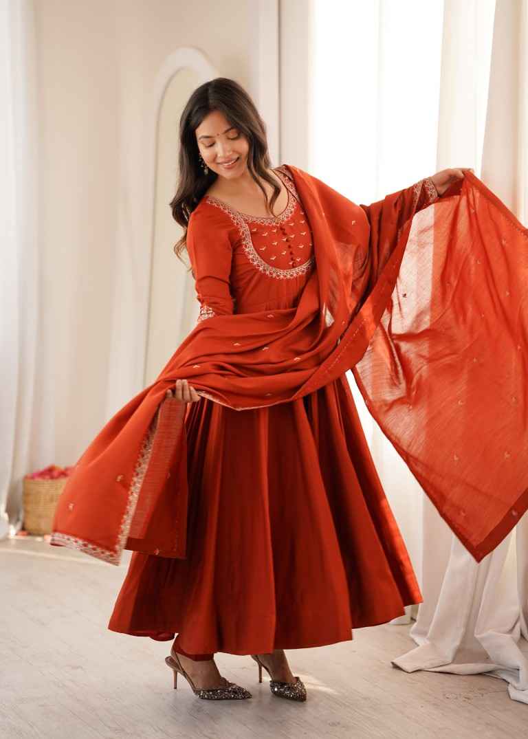 HEAVY PURE ROMAN CHANDERI SILK ANARKALI SUIT