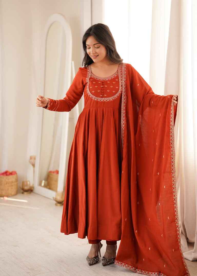 HEAVY PURE ROMAN CHANDERI SILK ANARKALI SUIT