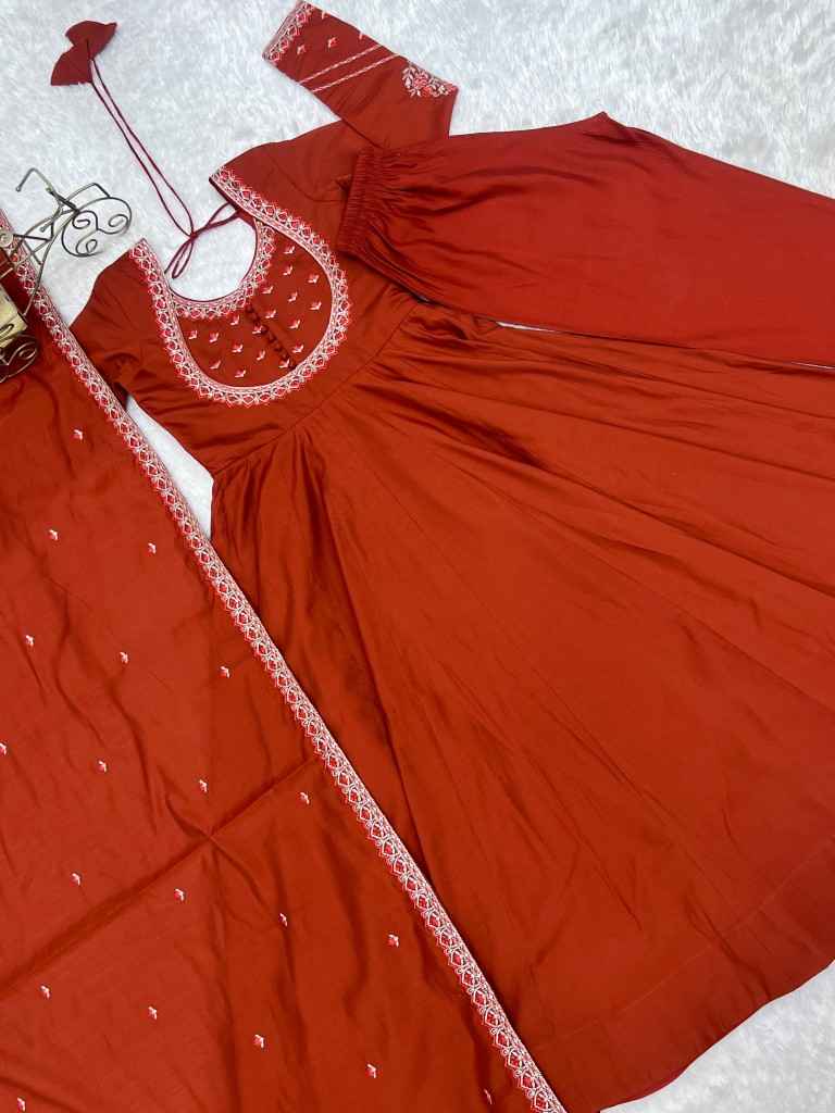 HEAVY PURE ROMAN CHANDERI SILK ANARKALI SUIT