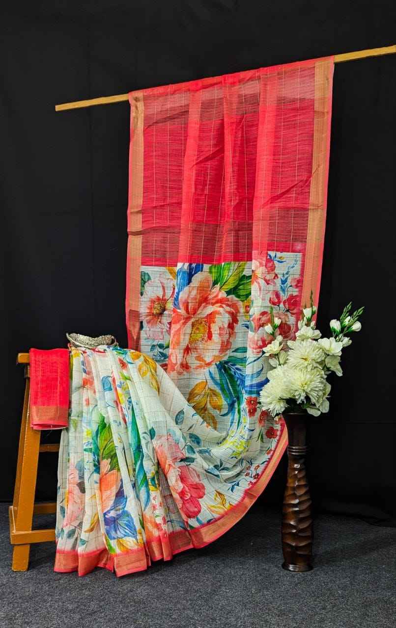LINEN DIGITAL PRINTED GOLD JARI BORDER SAREE CODE MG379