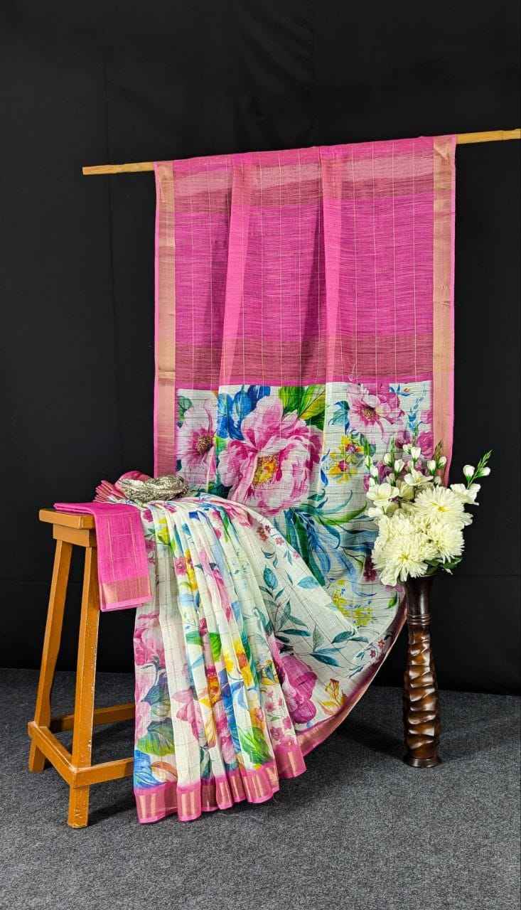 LINEN DIGITAL PRINTED GOLD JARI BORDER SAREE CODE MG379