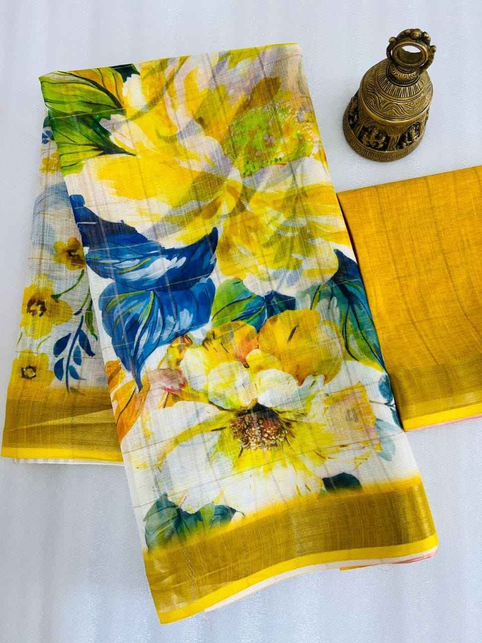 LINEN DIGITAL PRINTED GOLD JARI BORDER SAREE CODE MG379