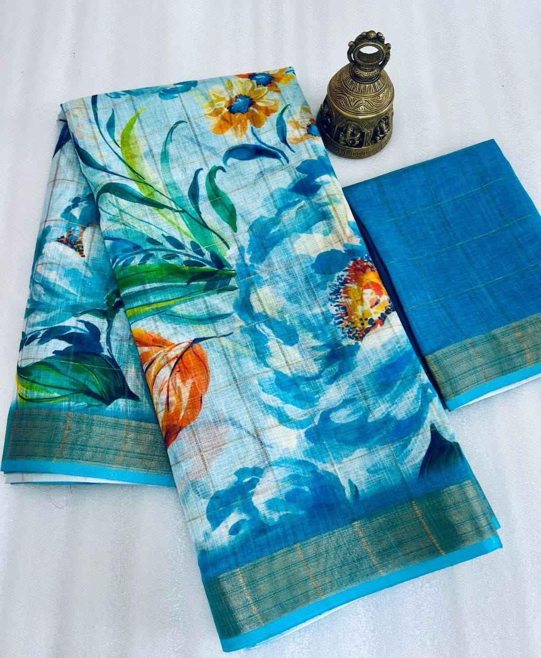 LINEN DIGITAL PRINTED GOLD JARI BORDER SAREE CODE MG379