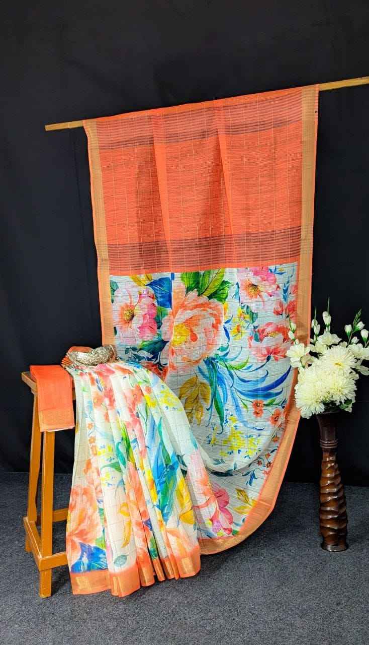 LINEN DIGITAL PRINTED GOLD JARI BORDER SAREE CODE MG379