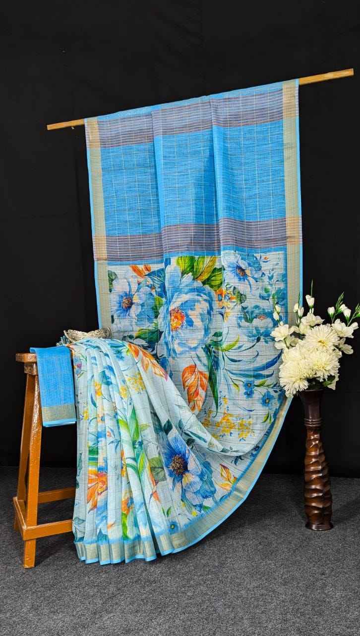 LINEN DIGITAL PRINTED GOLD JARI BORDER SAREE CODE MG379