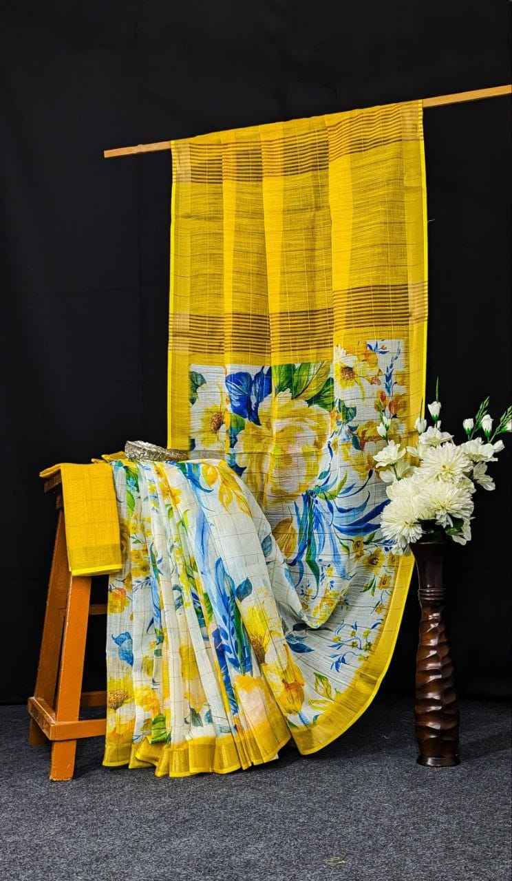 LINEN DIGITAL PRINTED GOLD JARI BORDER SAREE CODE MG379