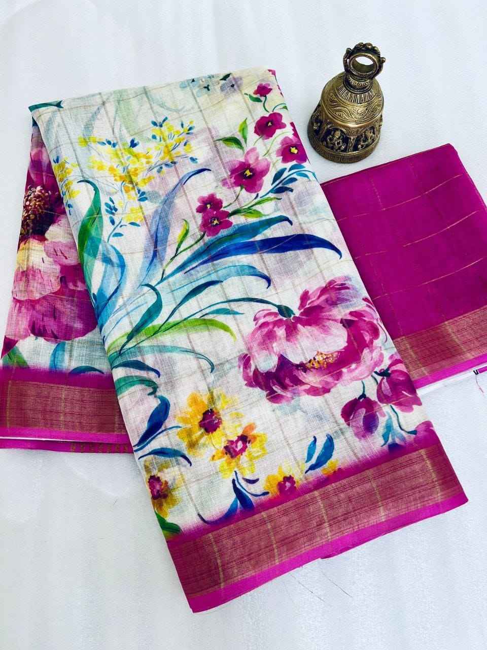 LINEN DIGITAL PRINTED GOLD JARI BORDER SAREE CODE MG379
