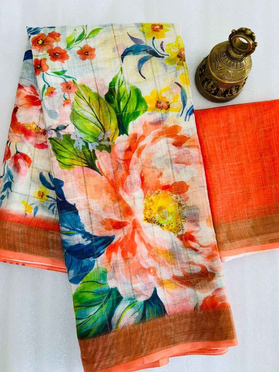 LINEN DIGITAL PRINTED GOLD JARI BORDER SAREE CODE MG379