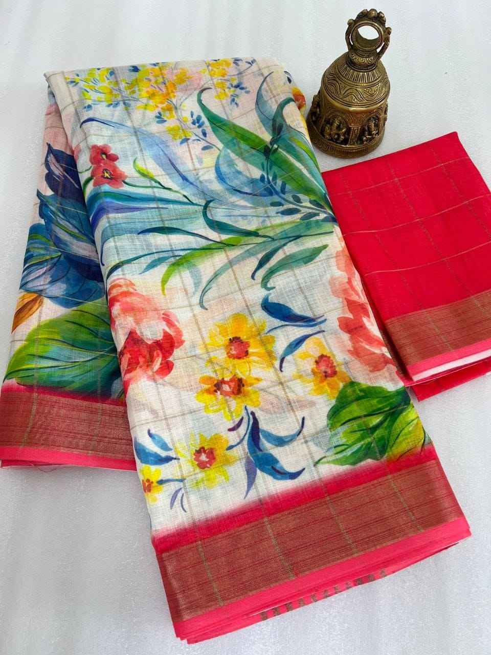LINEN DIGITAL PRINTED GOLD JARI BORDER SAREE CODE MG379
