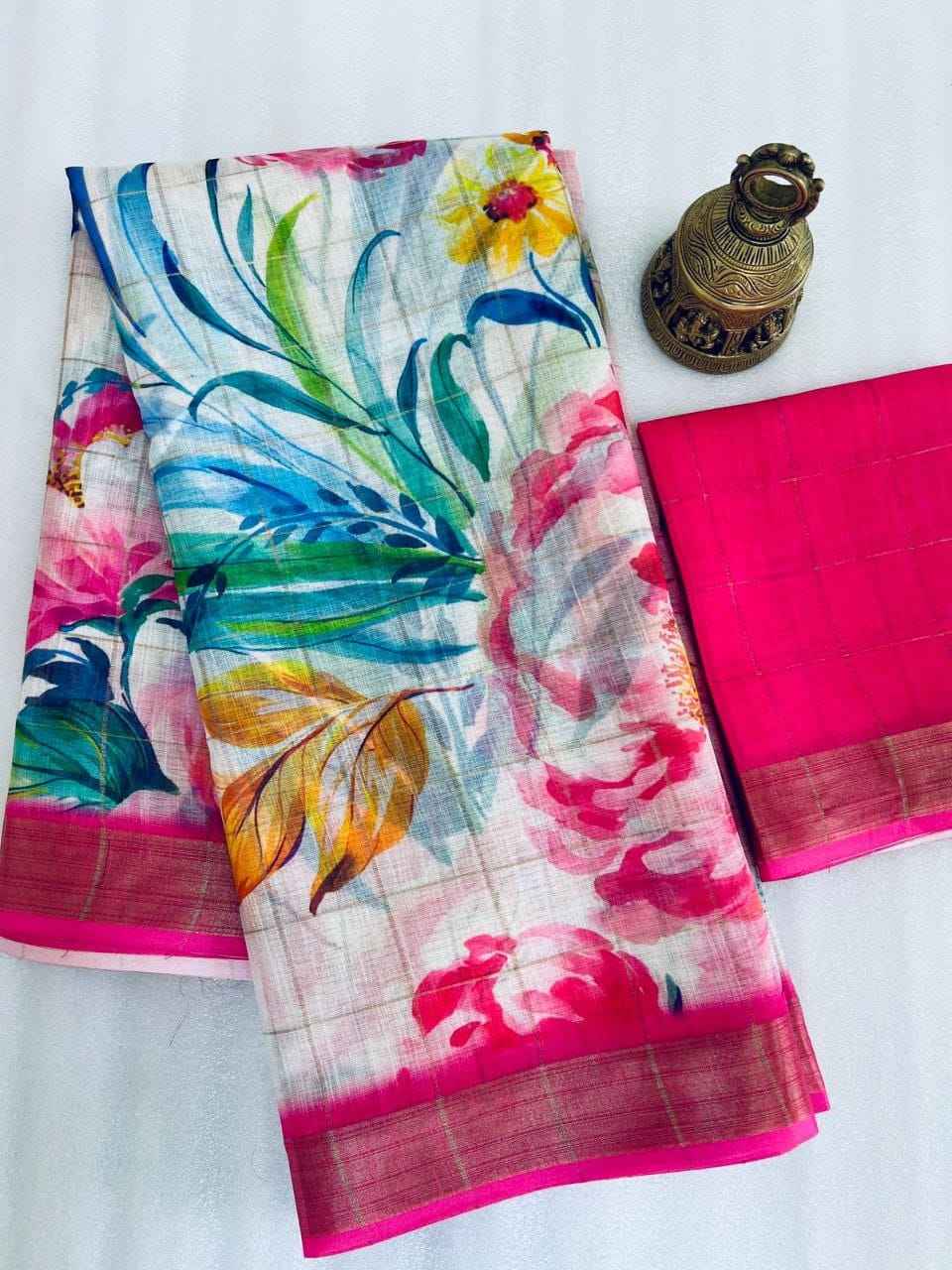 LINEN DIGITAL PRINTED GOLD JARI BORDER SAREE CODE MG379